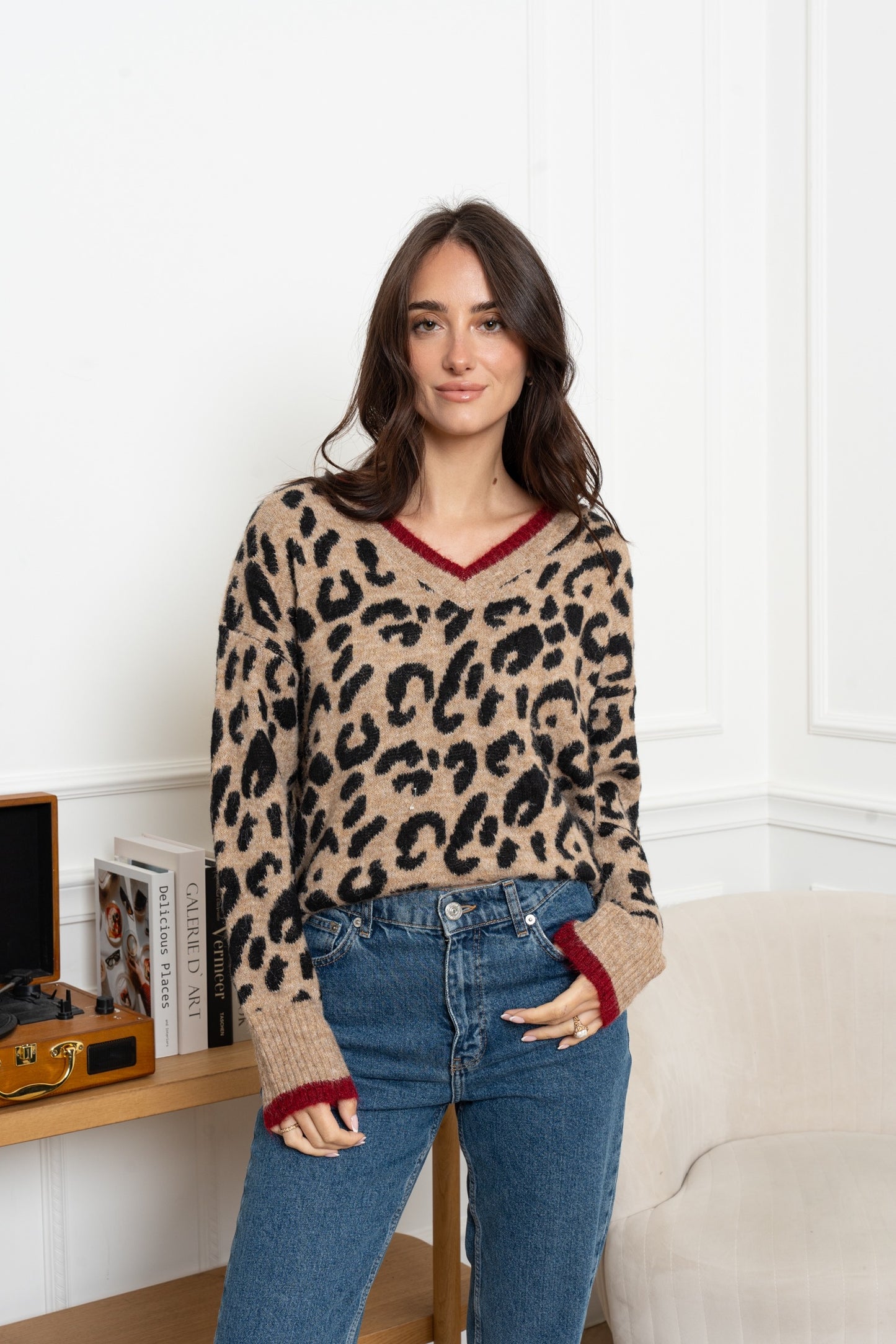 Leopard Print Jumper with Red Stripe