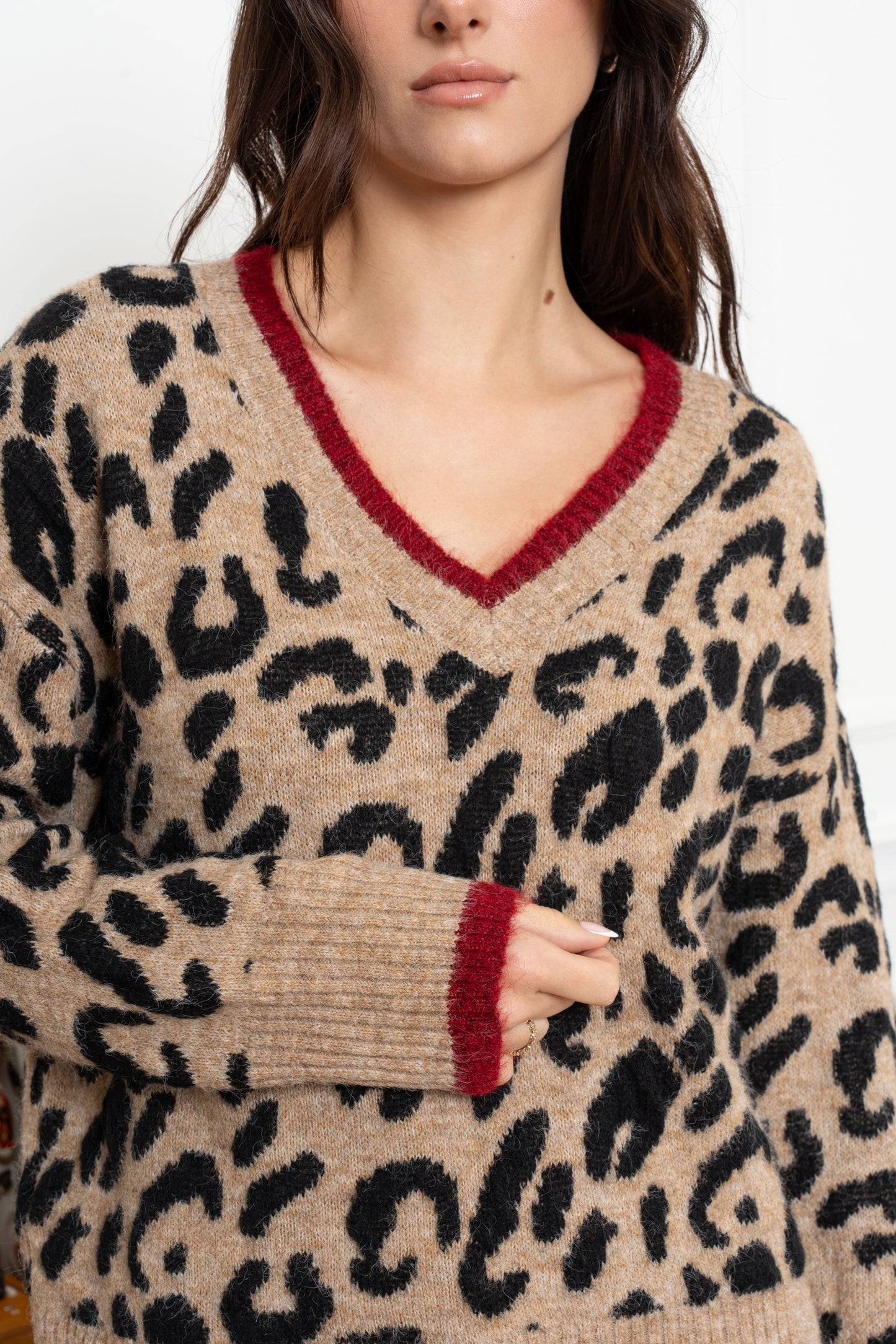 Leopard Print Jumper with Red Stripe