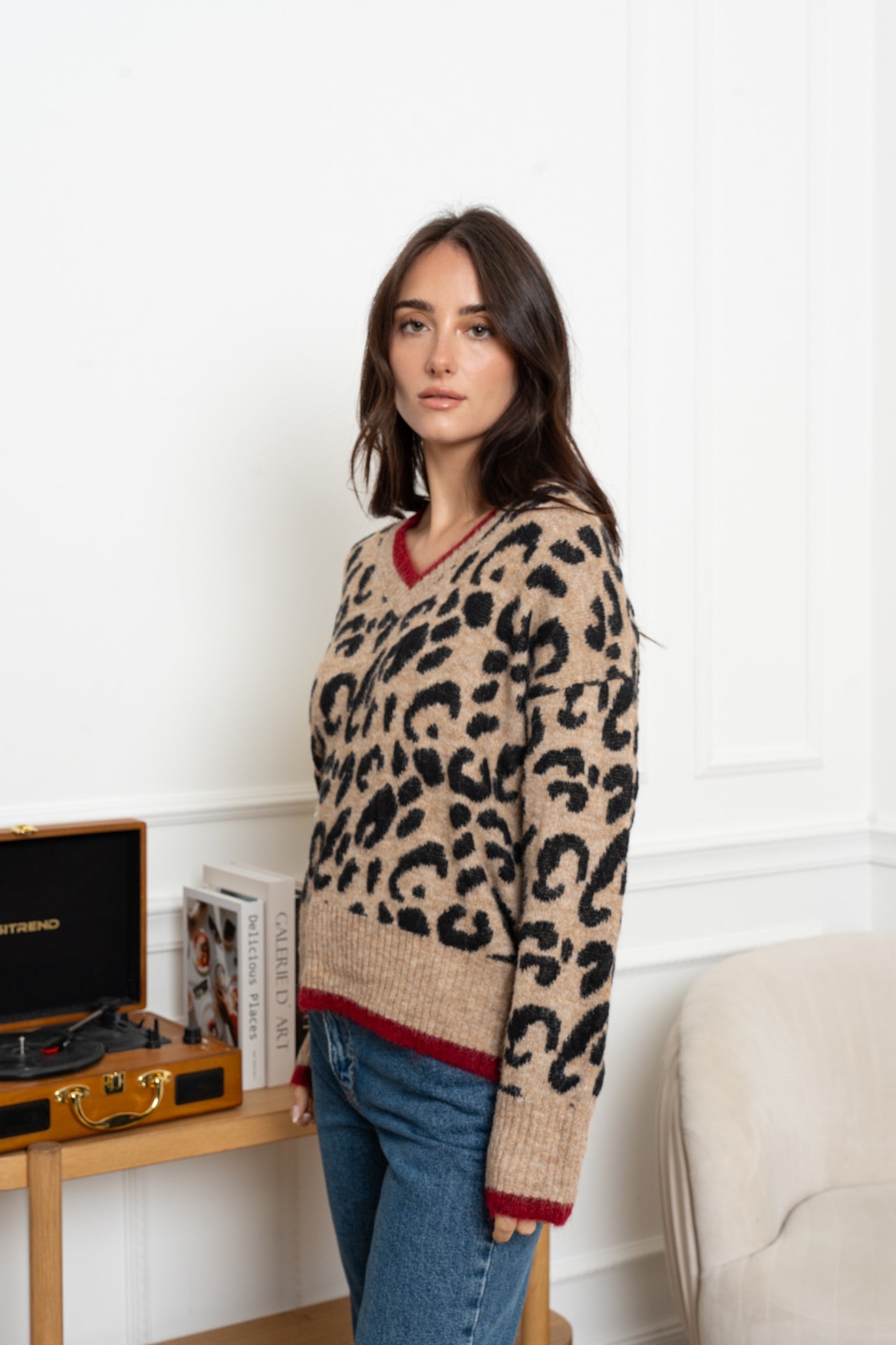 Leopard Print Jumper with Red Stripe