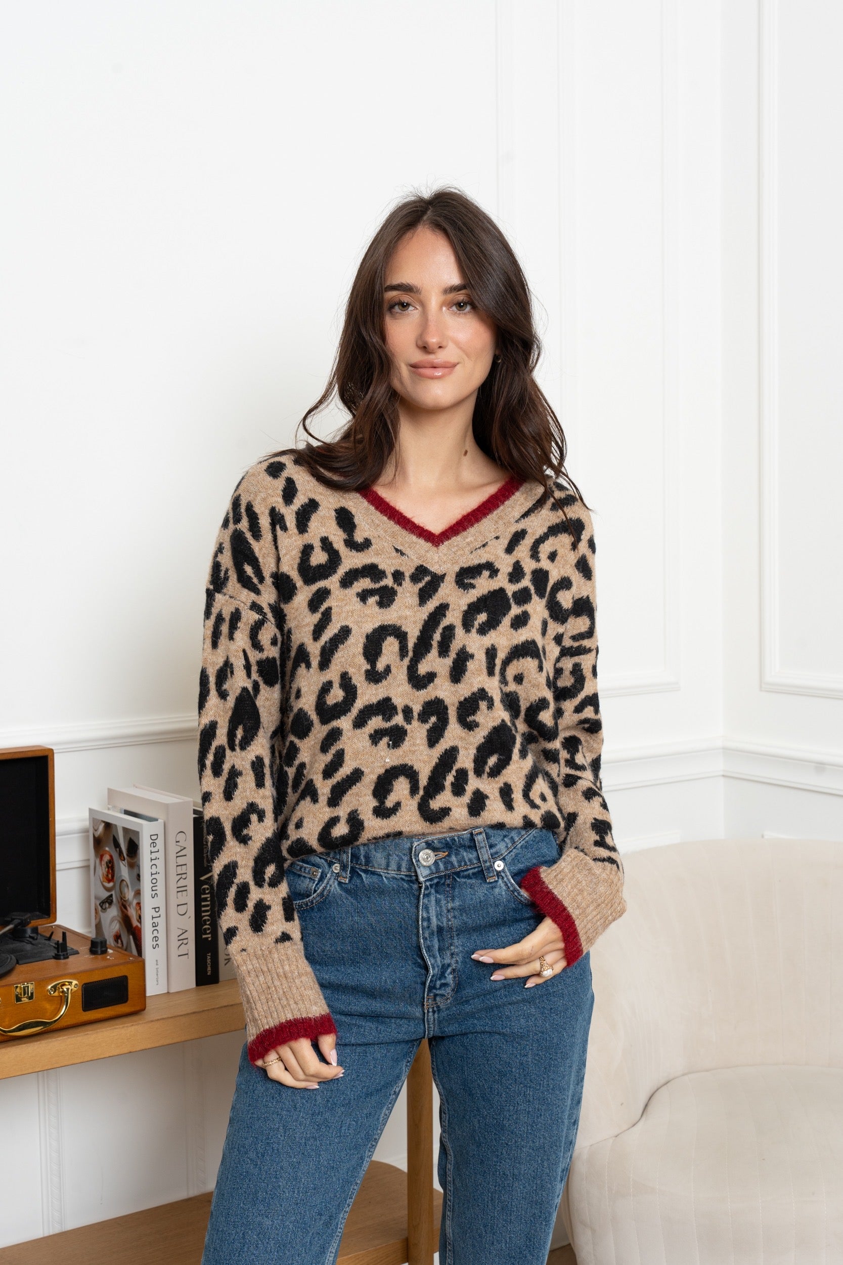 Leopard Print Jumper with Red Stripe