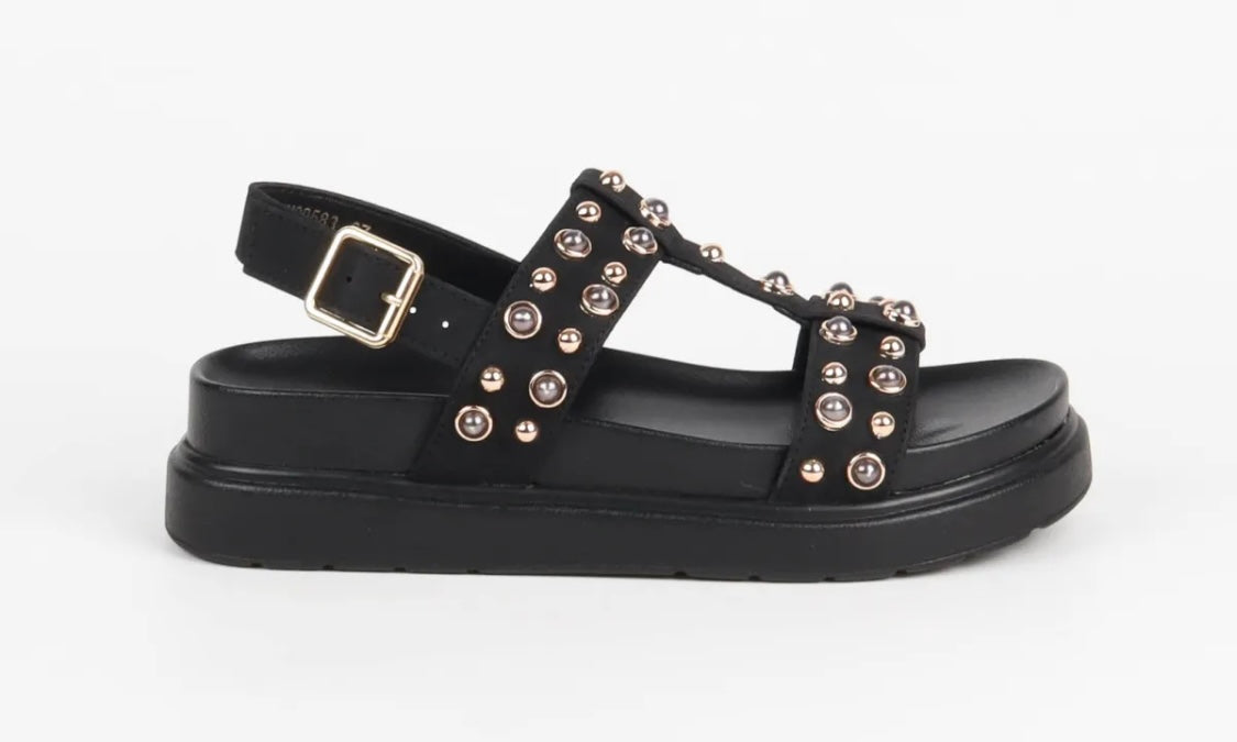 Chunky Black Sandal with Pearl Studs