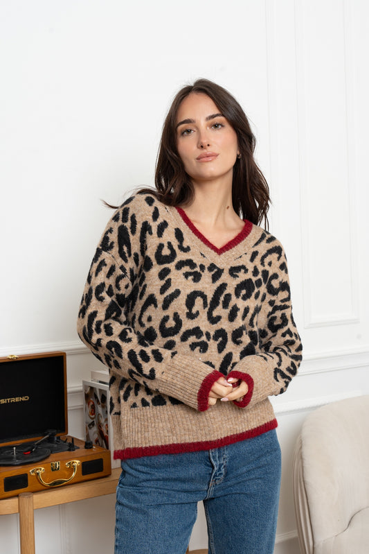 Leopard Print Jumper with Red Stripe