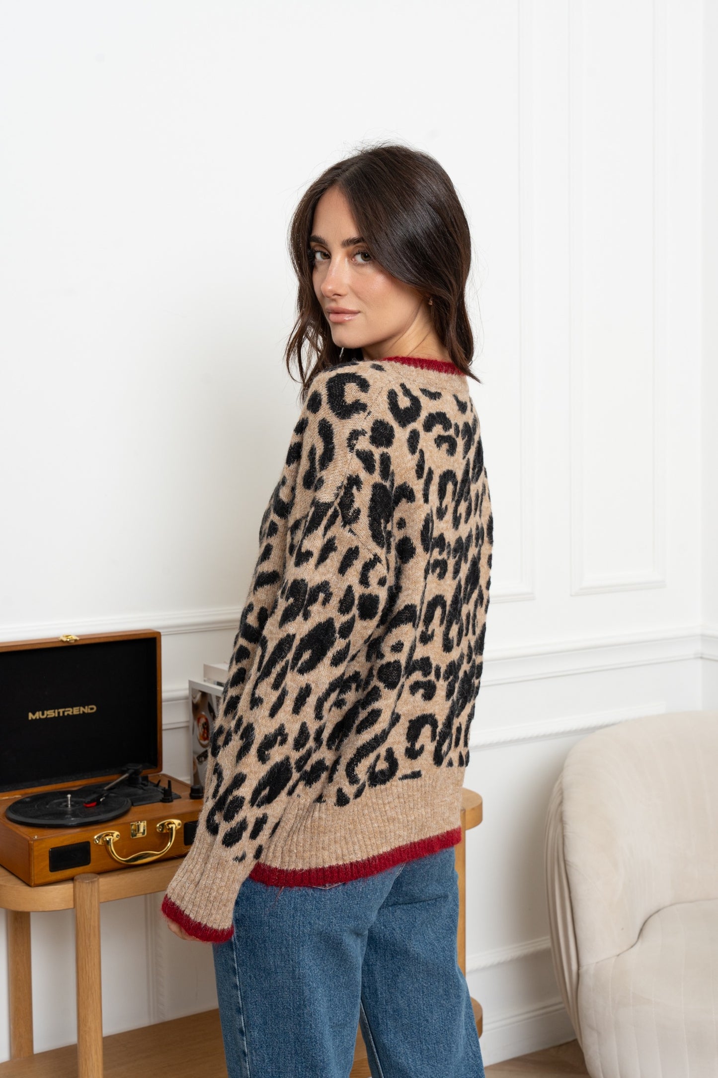 Leopard Print Jumper with Red Stripe