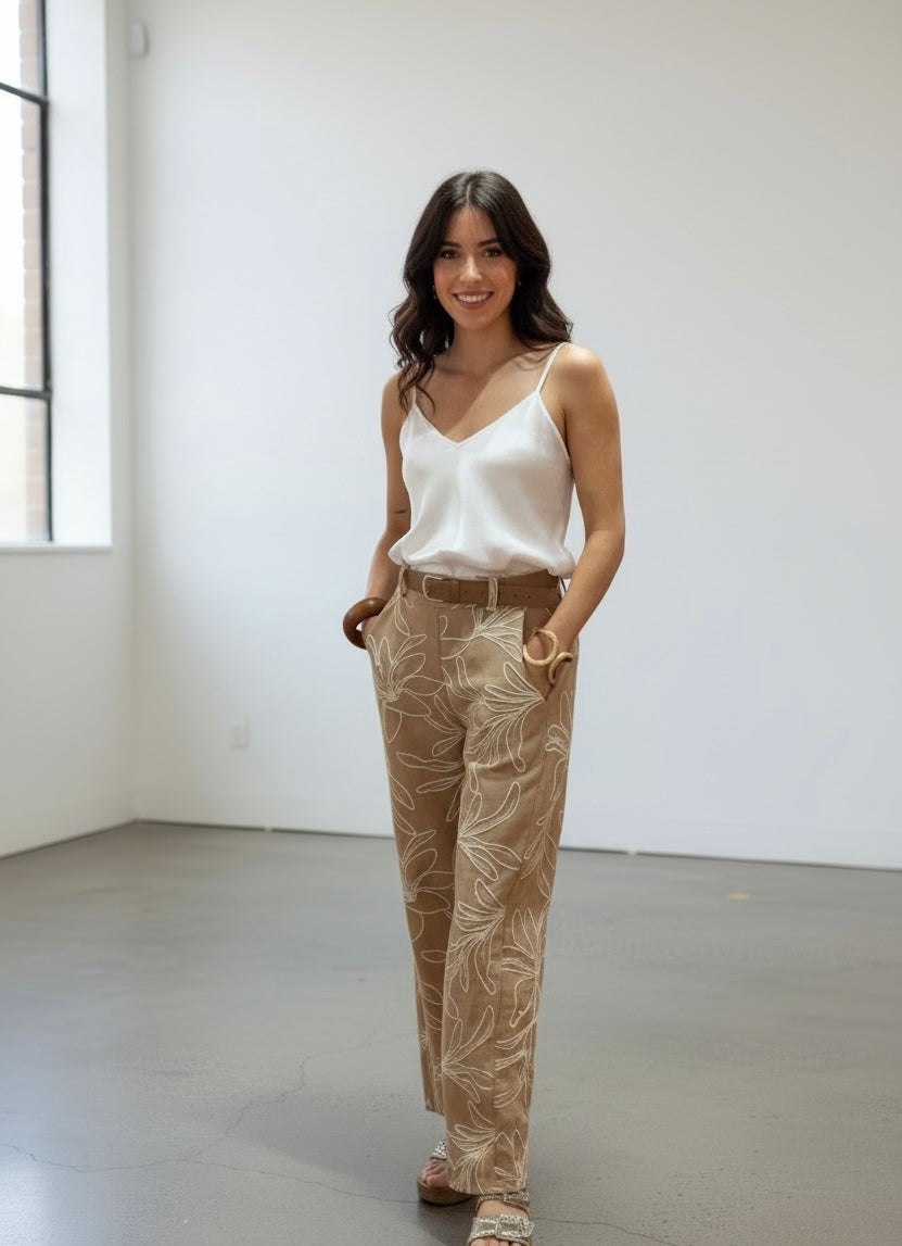 Embroidered Suede Trouser