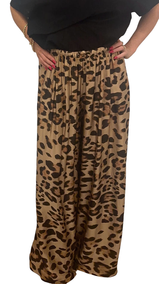 Leopard Print Satin Wide Leg Trousers