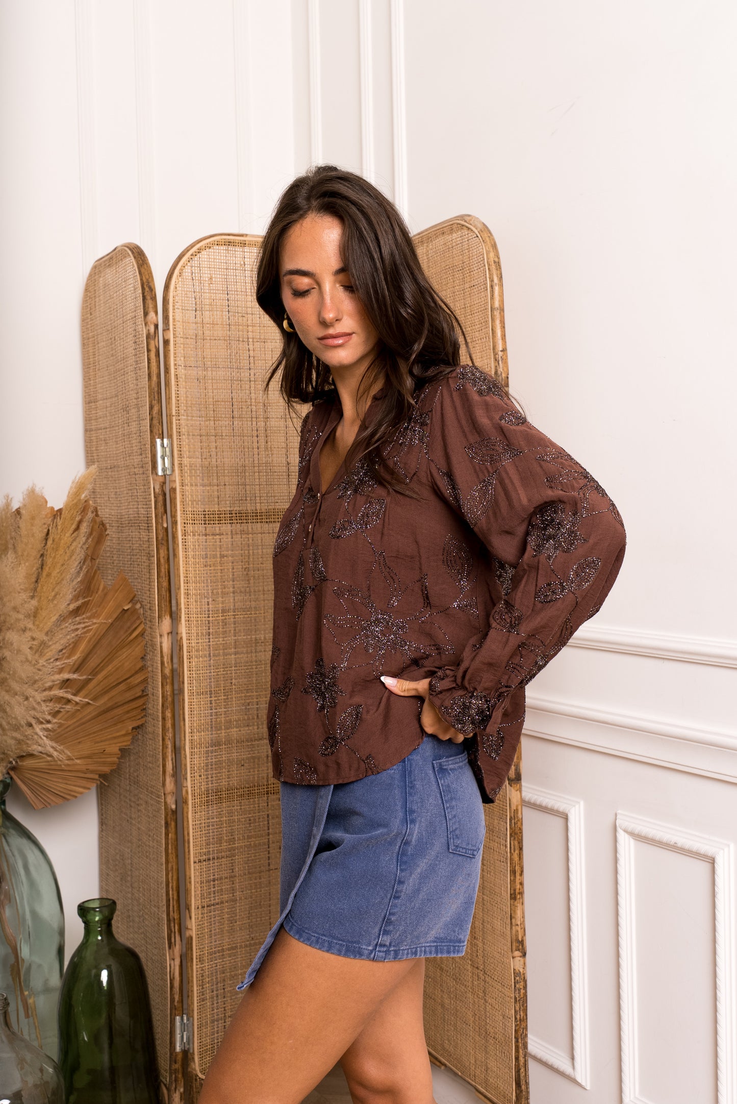 Chocolate Embroidered V-Neck Top