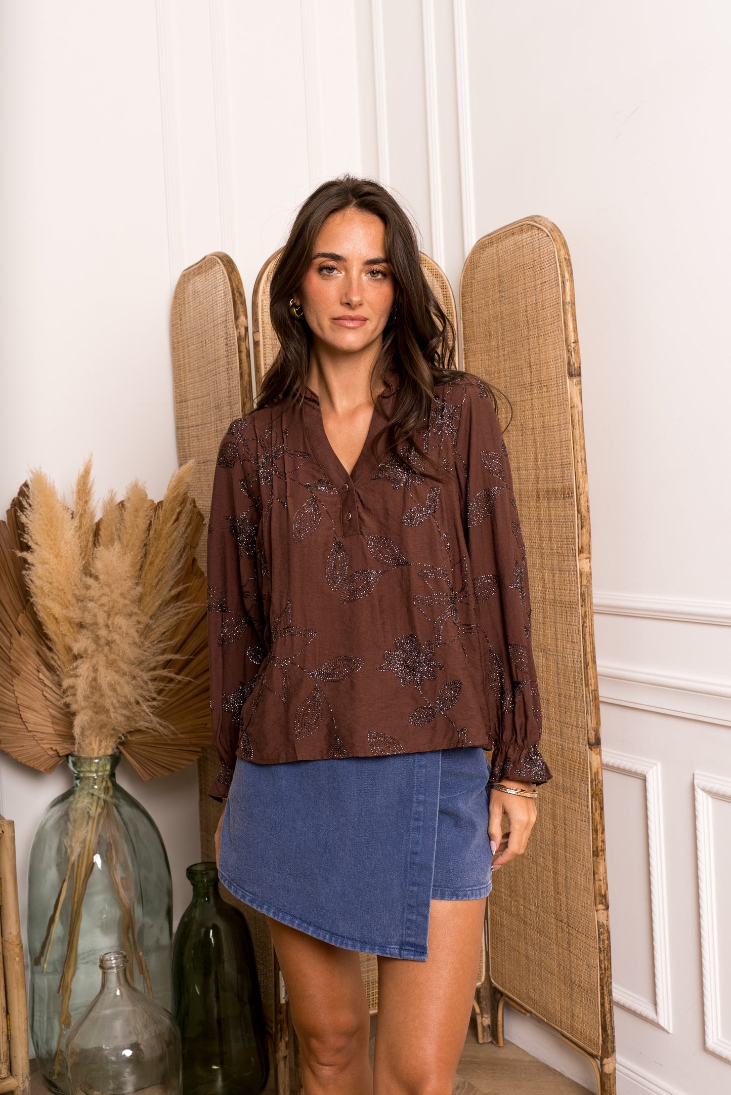 Chocolate Embroidered V-Neck Top