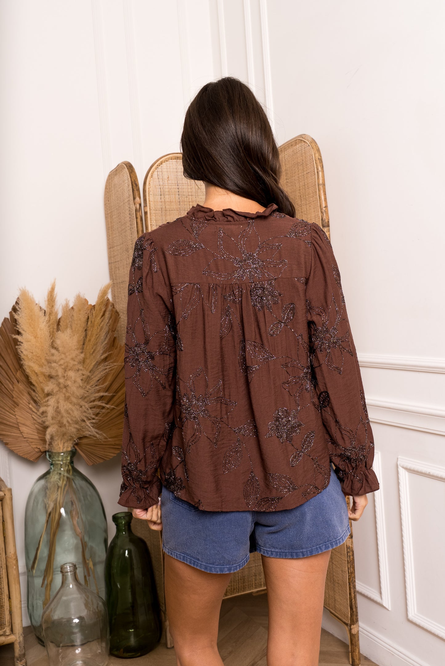 Chocolate Embroidered V-Neck Top