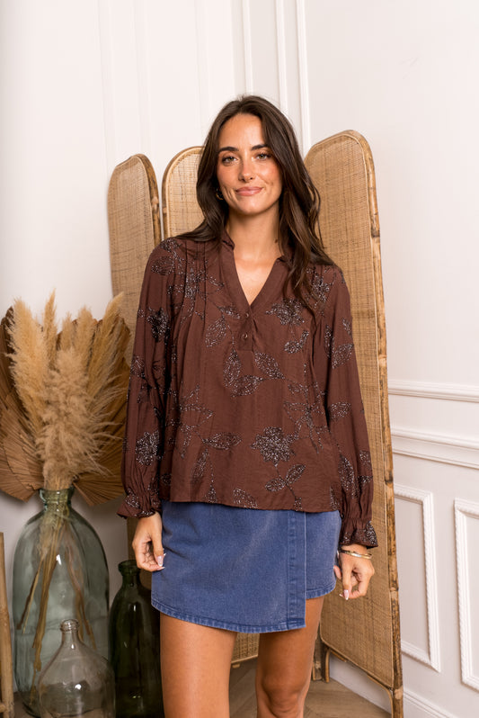 Chocolate Embroidered V-Neck Top