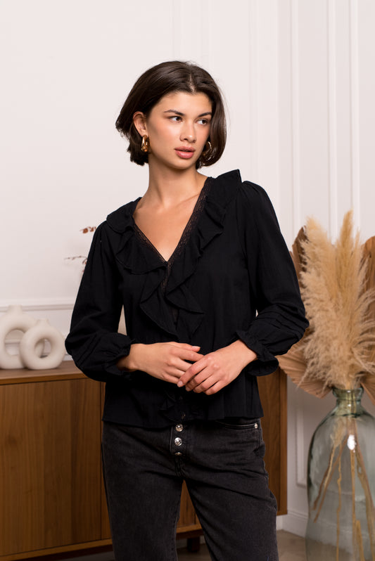 Lola V-Neck Top with Lace and Frill