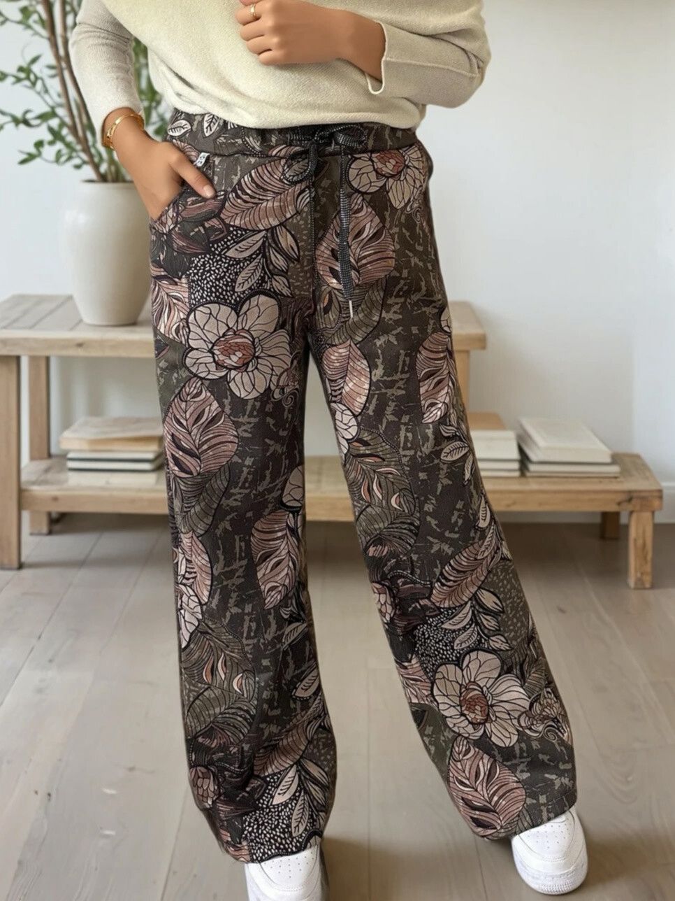 Suedette Floral Print Straight Legs