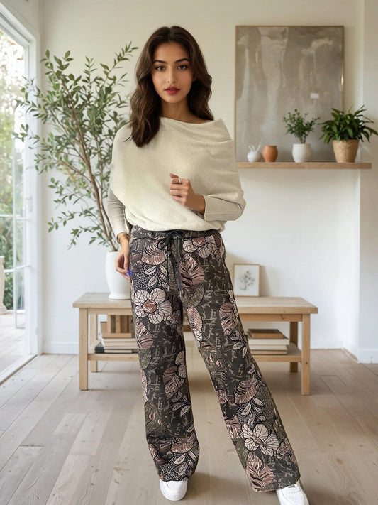 Suedette Floral Print Straight Legs